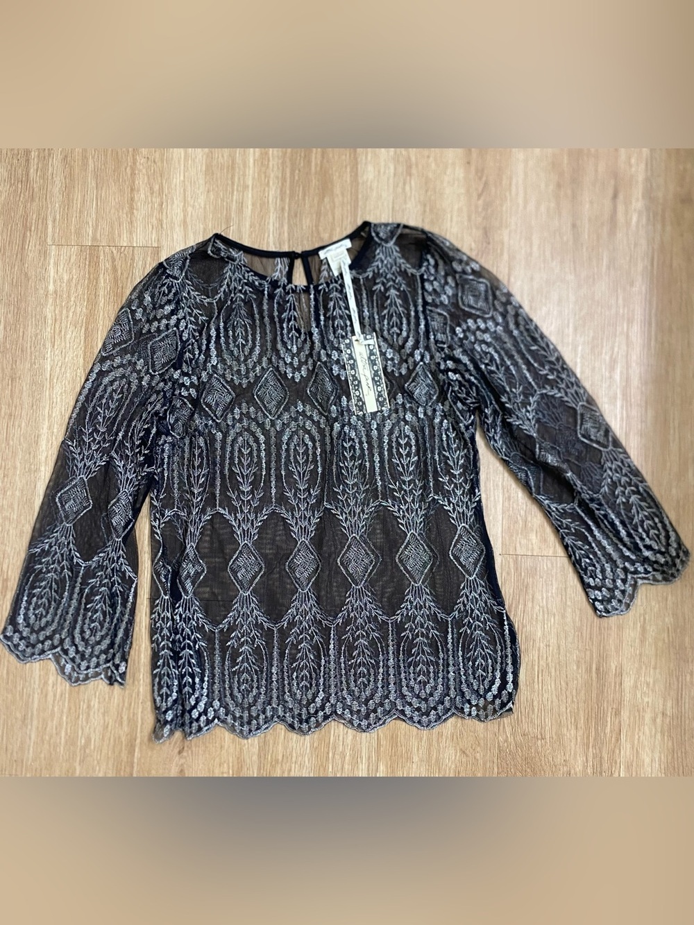 Ultra Pink Black Sheer Embroidered Blouse